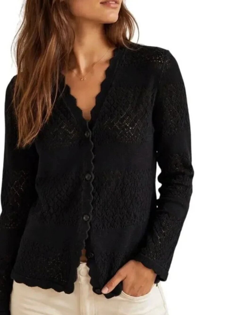 Frye Women's Small Black 100% Cotton Pointelle Knit V-Neck Button Front Cardigan